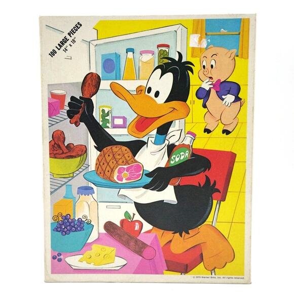 Daffy Duck Refrigerator Raid Large 100 Pc Puzzle 14x18 Whitman 1974 Looney Tunes - Picture 2 of 4